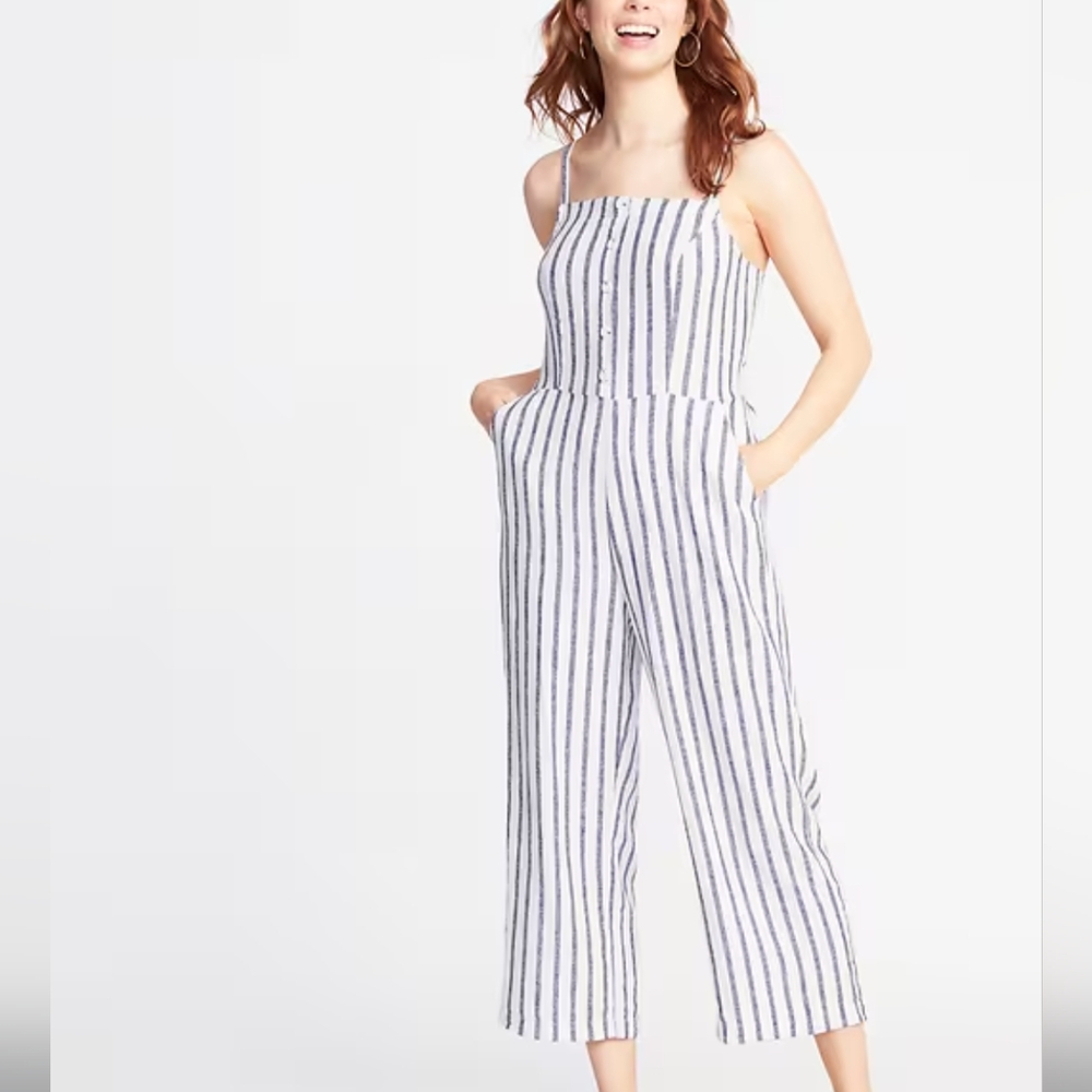 Linen Blend Blue Pinstripe Romper